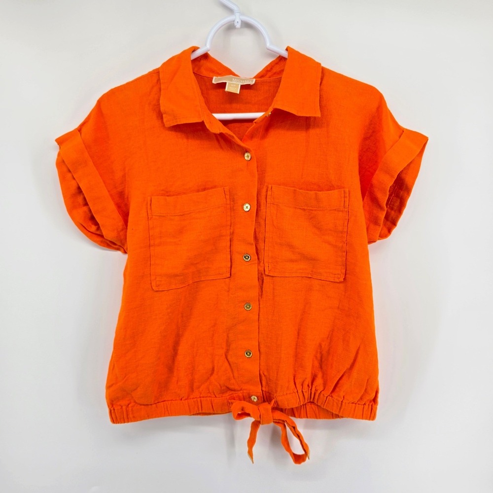 Michael Kors Orange Linen Blend Tie Front Button Down Shirt Womens Small